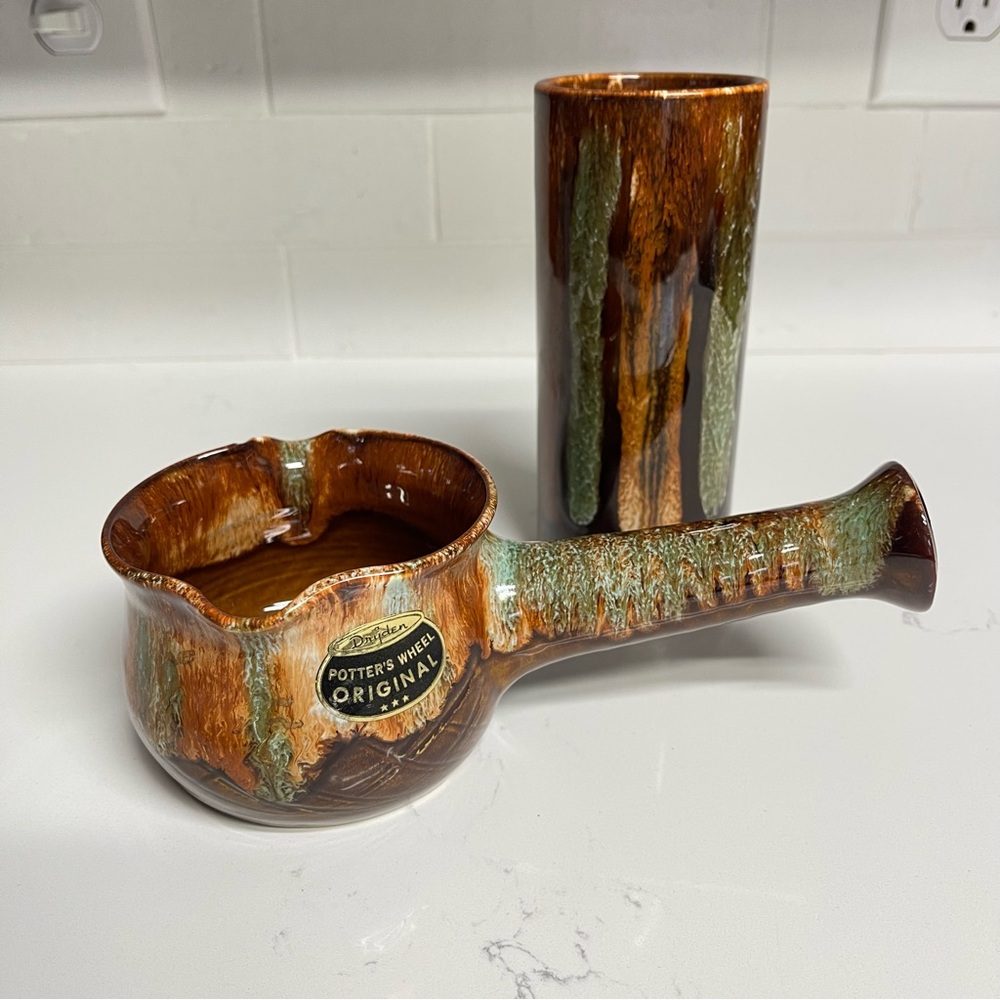 Vintage DRYDEN ORIGINAL Arkansas Pottery Drip Glaze Cooling Pot & Tumbler Signed